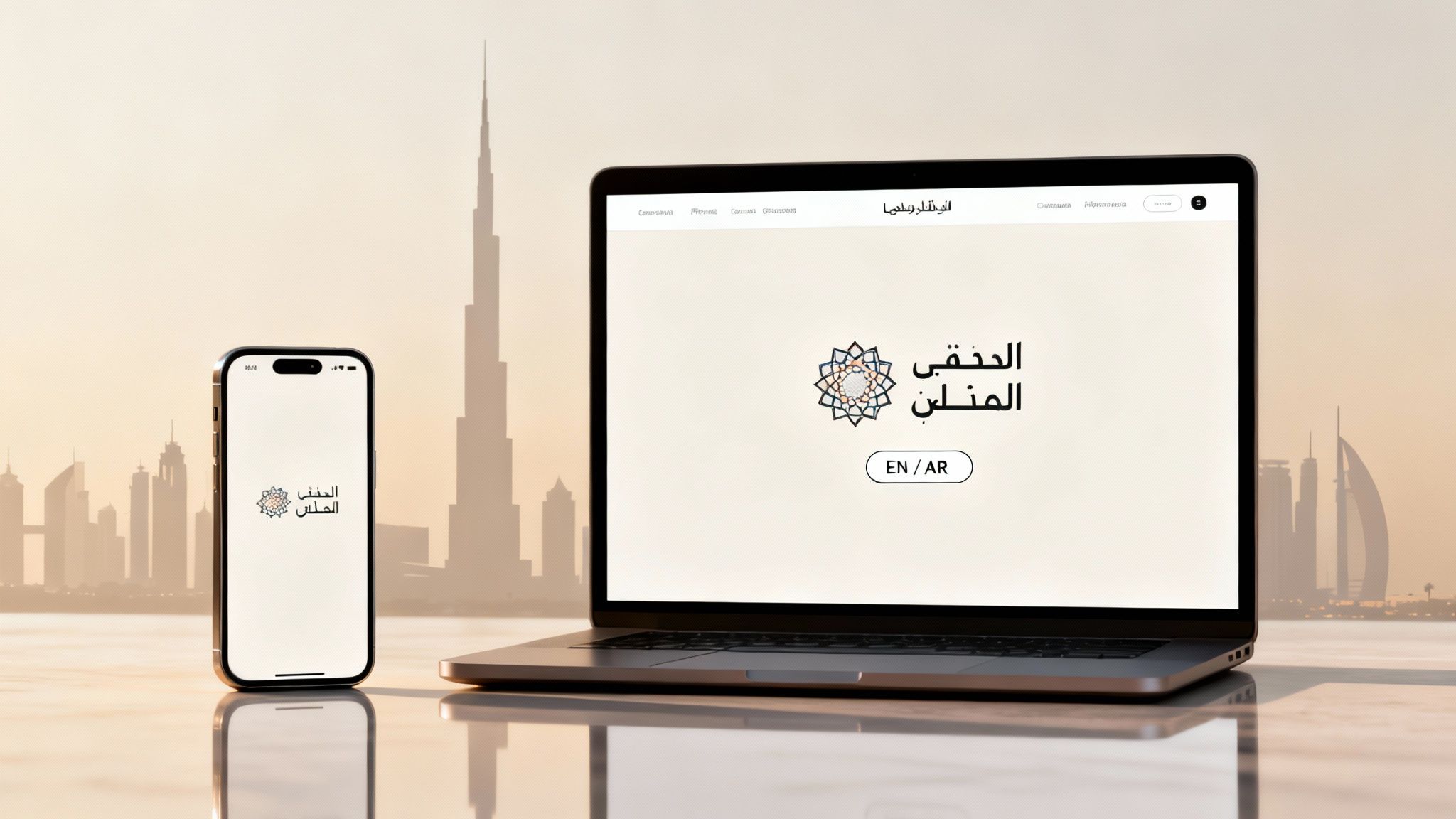 Smartphone and laptop showcasing a modern Arabic website against a Dubai city skyline.