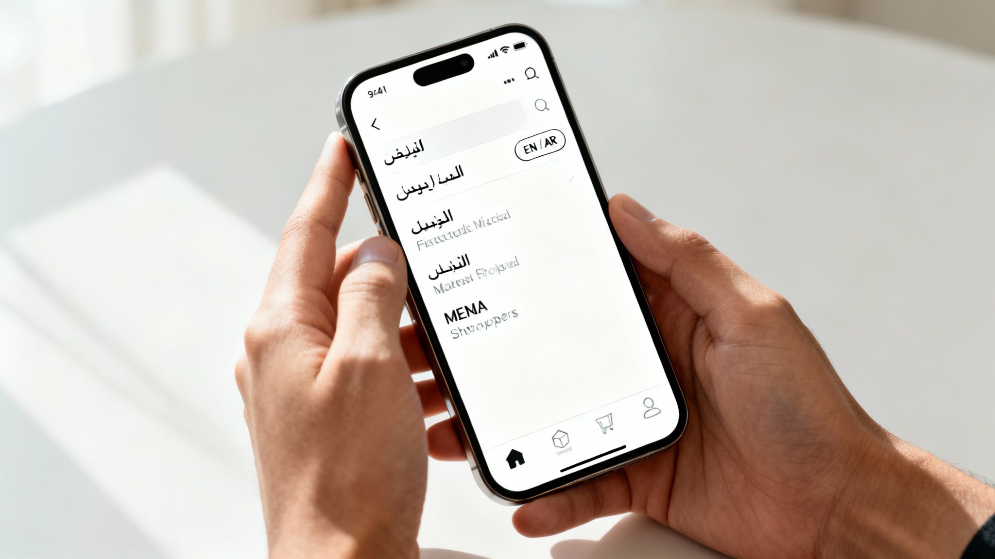 Hands holding an iPhone displaying an e-commerce app with a search bar and language options.