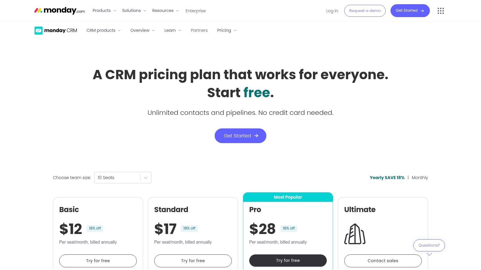 monday sales CRM pricing plans shown on their website.