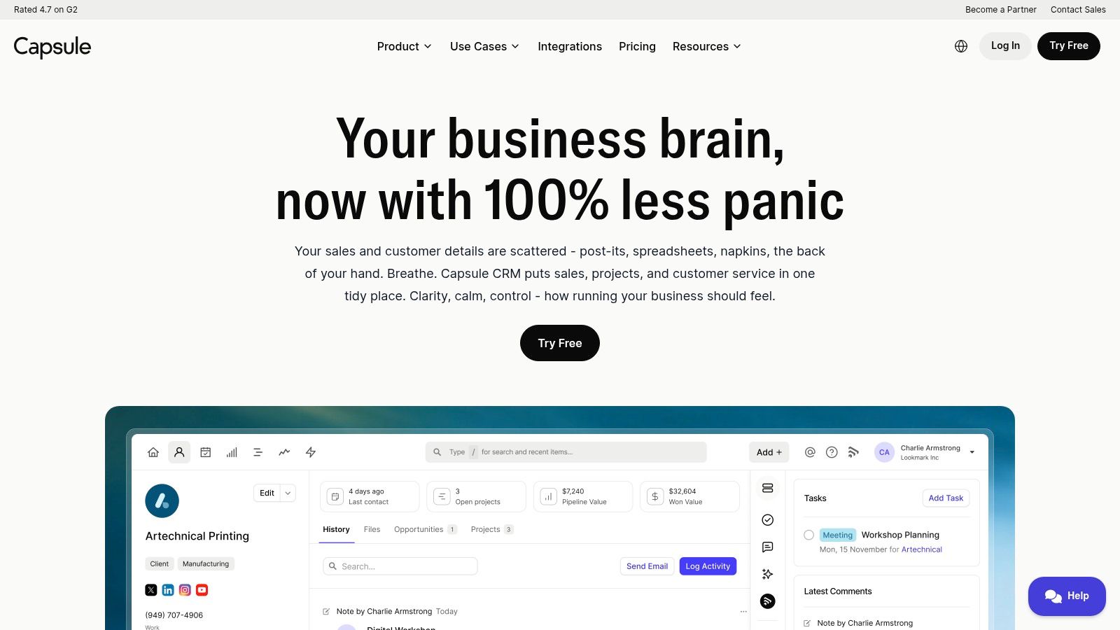 Capsule CRM dashboard showing contacts and opportunities.