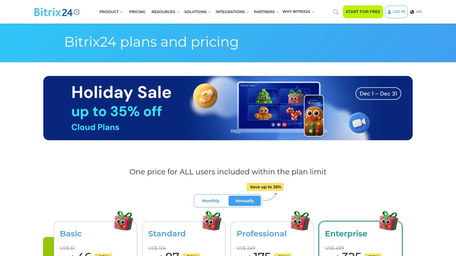 Bitrix24 pricing plans displayed on their website.