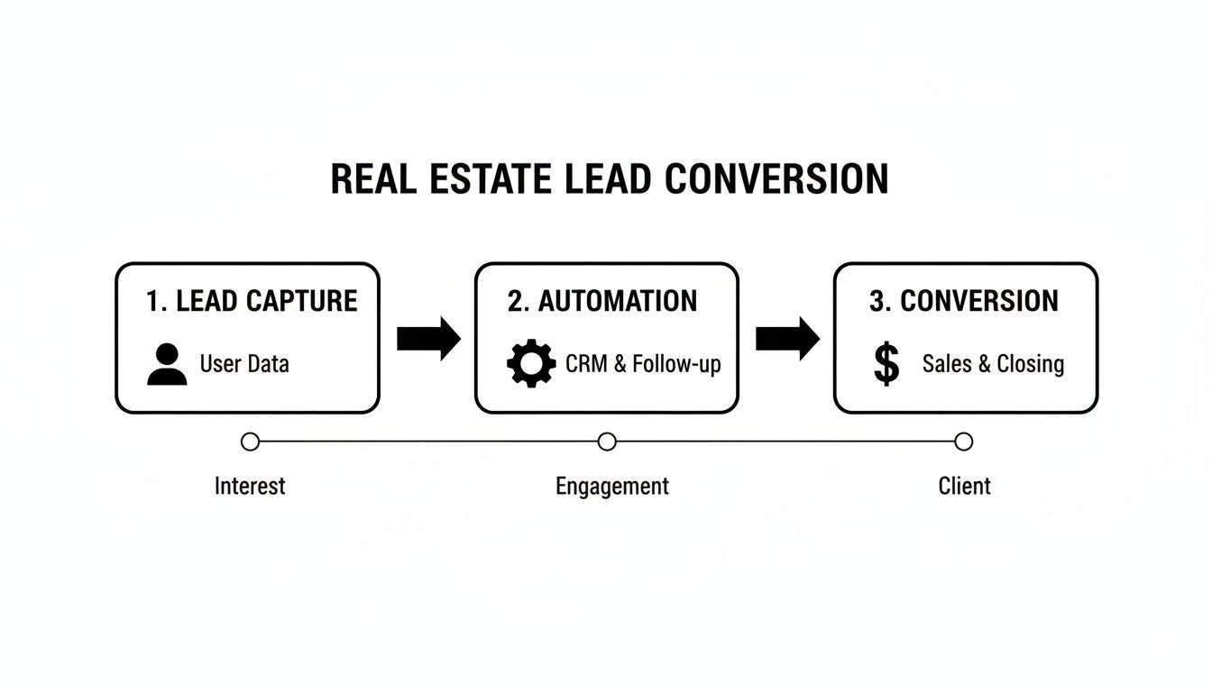 Diagram showing the real estate lead conversion process: Lead Capture, Automation, and Conversion, moving from interest to client.