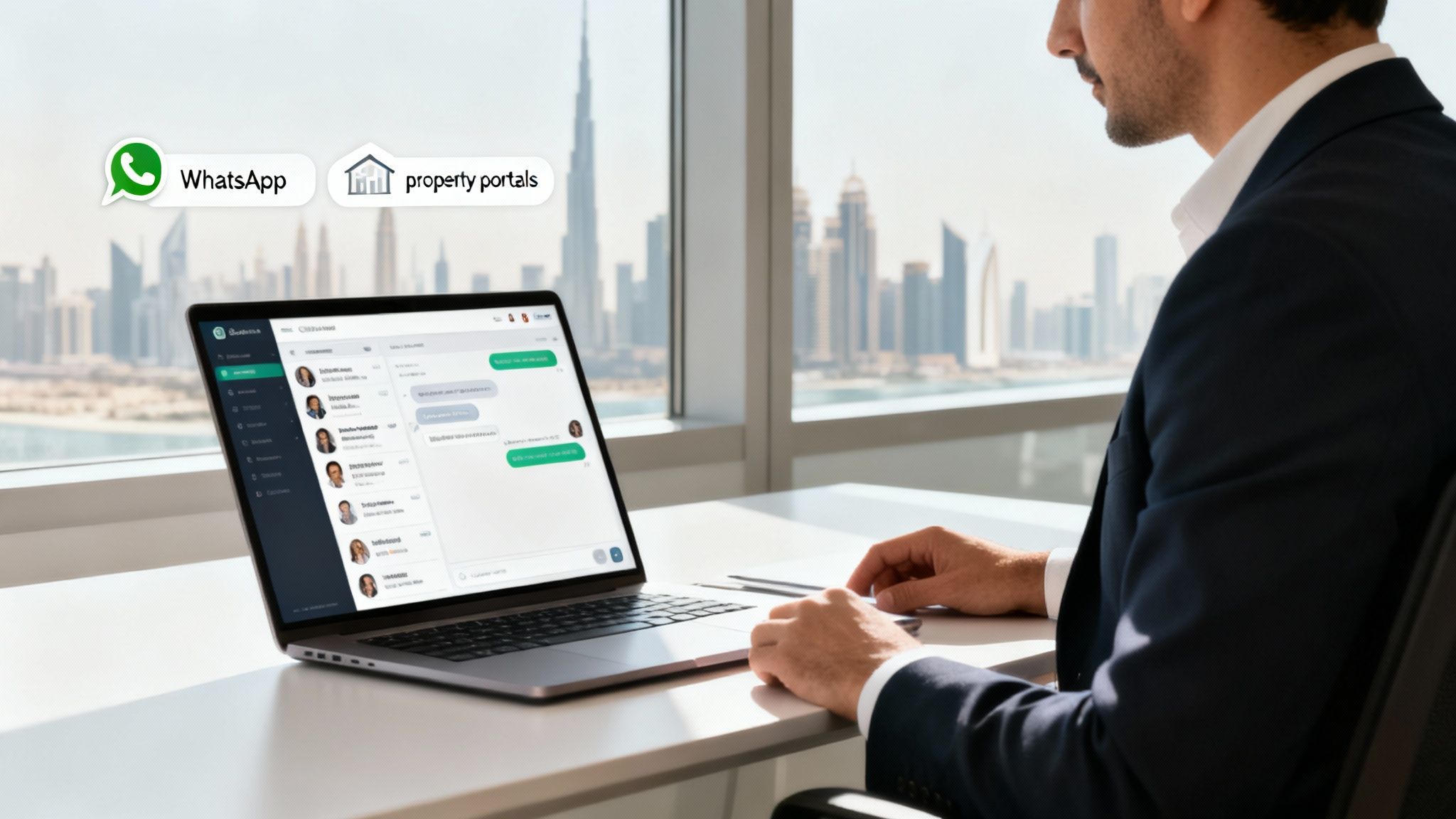 Man using a laptop with a chat interface, integrating WhatsApp and property portals for real estate CRM.