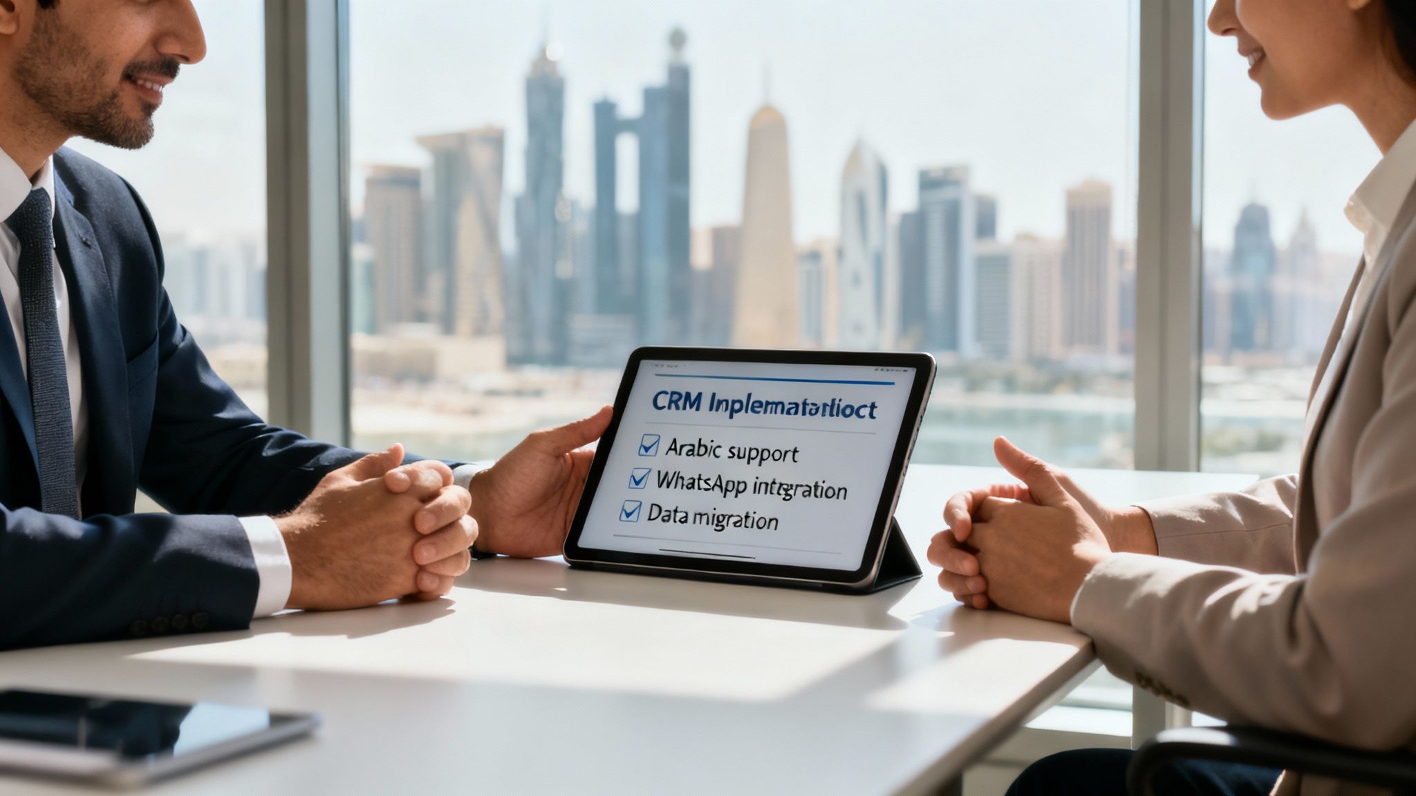 Two business professionals discuss CRM implementation details on a tablet in a modern office.