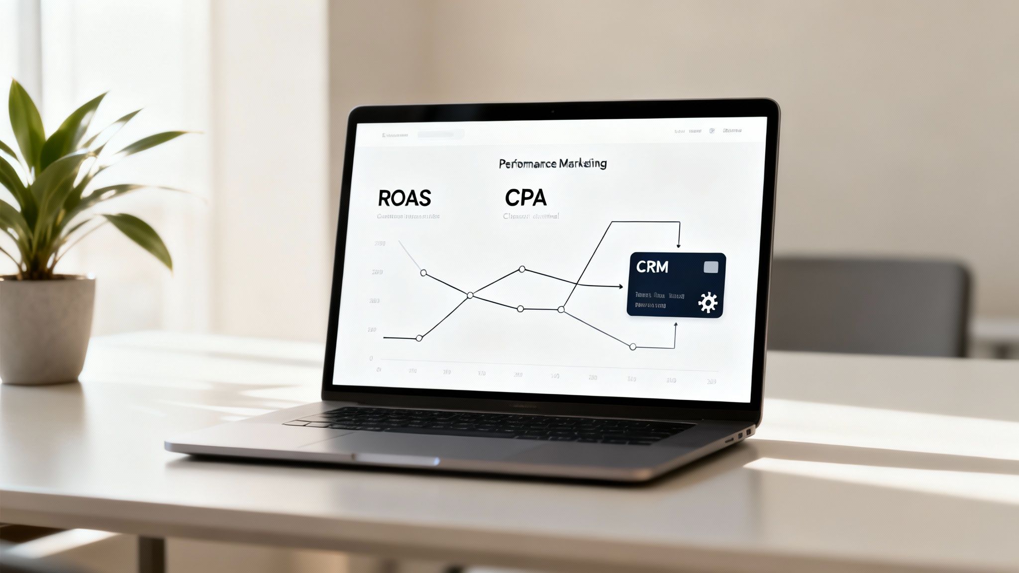 A laptop on a white desk displaying a performance marketing dashboard with ROAS, CPA, and CRM metrics.
