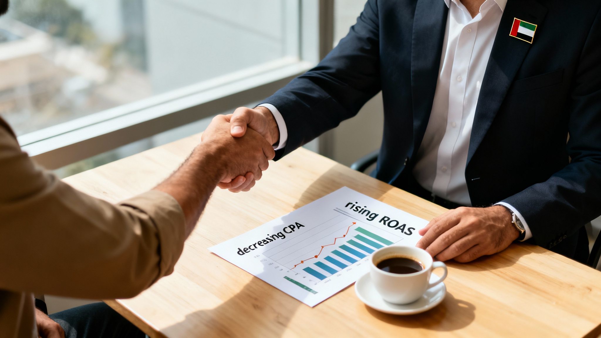 Two businessmen shaking hands at a table, with a marketing report and coffee.