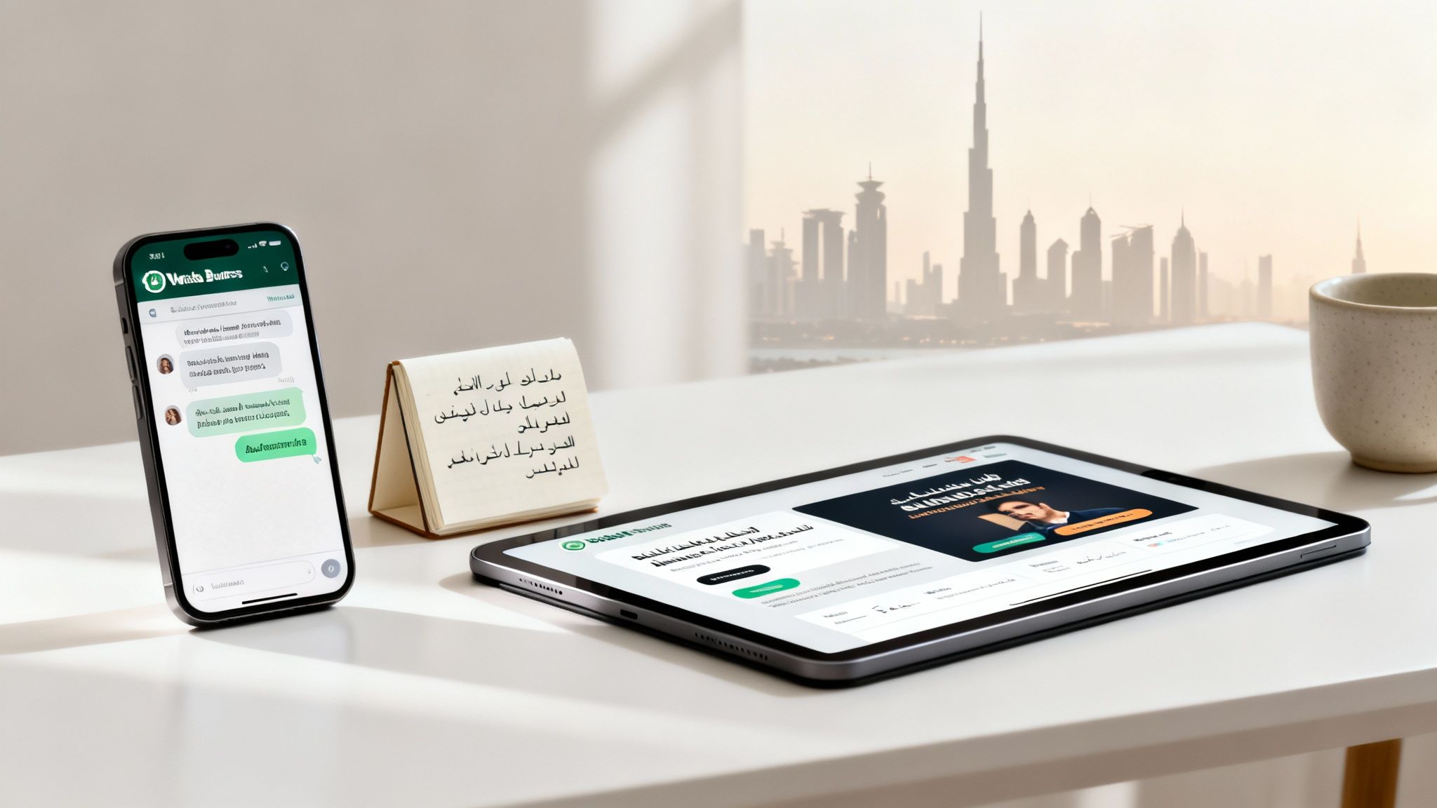 A modern desk with a smartphone, tablet, and notepad, overlooking the Dubai city skyline.