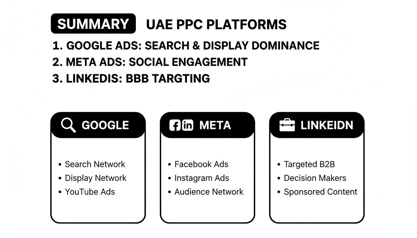 Summary of UAE PPC platforms: Google Ads, Meta Ads, and LinkedIn, listing their primary ad offerings.