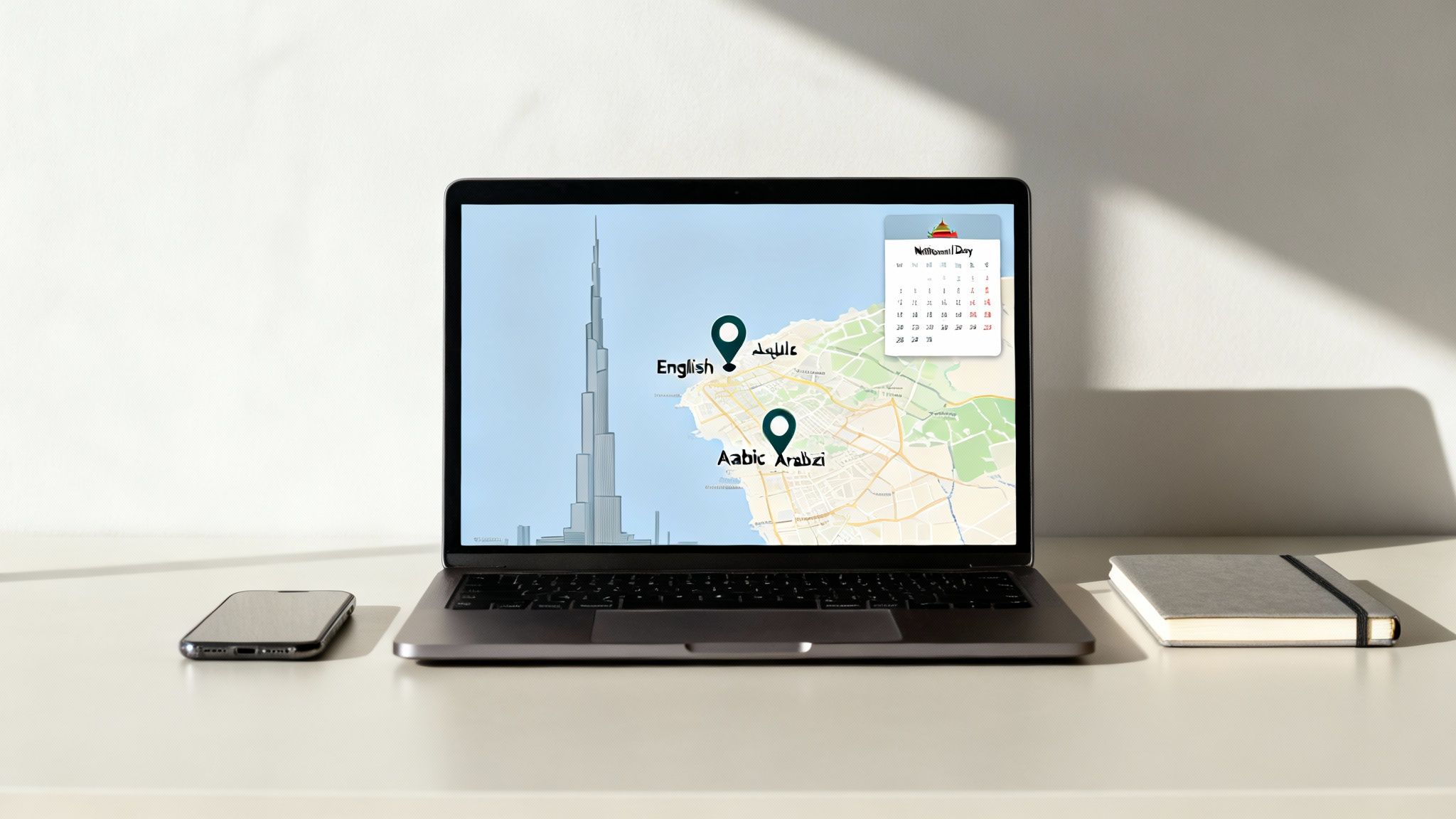 A laptop on a desk displays a map of Dubai with language markers and a calendar.