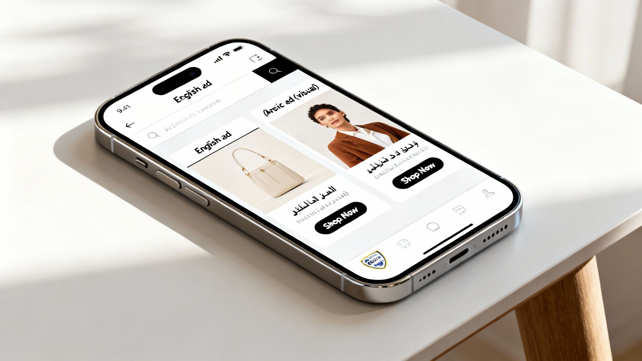 A silver iPhone displays a mobile shopping app with English and Arabic ads, featuring a handbag and a person.
