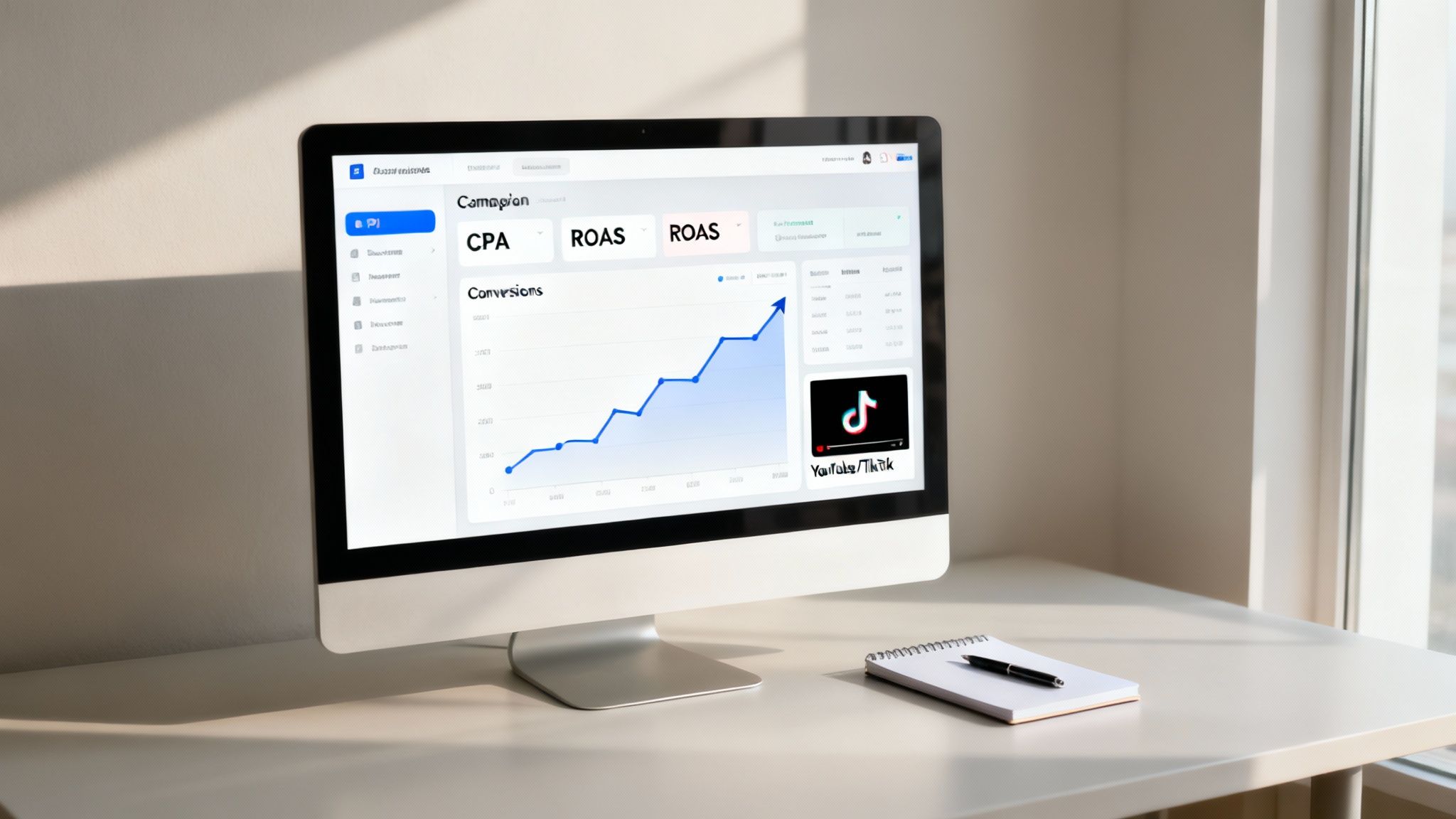 A computer screen displaying a digital marketing dashboard with an upward trend in conversions and social media icons.