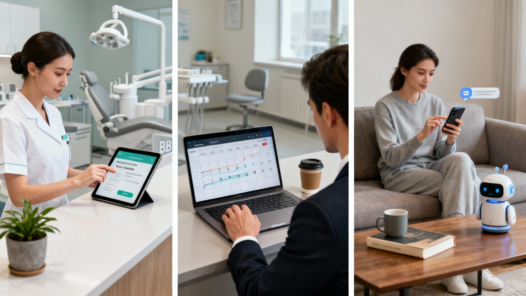 A triptych of images showing healthcare professional using tablet, man on laptop, and woman with AI robot.