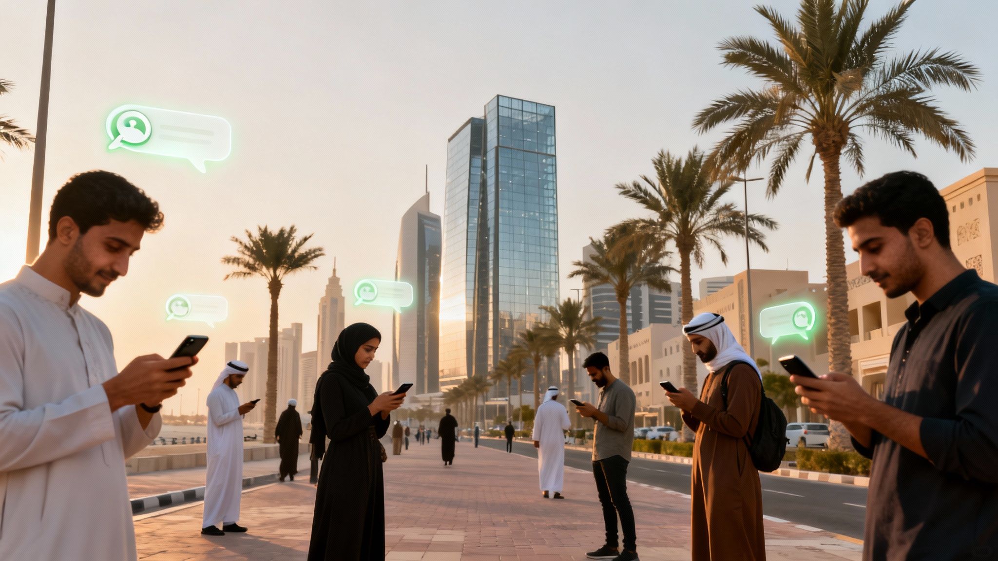 Middle Eastern people in traditional attire engaging with smartphones and digital chat bubbles on a city street.