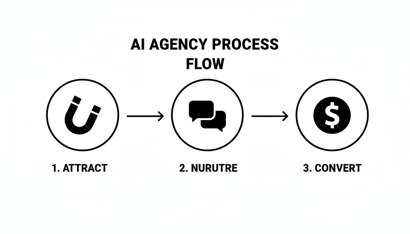 A flowchart detailing the AI Agency Process Flow: Attract (magnet), Nurture (chat), Convert (dollar sign).