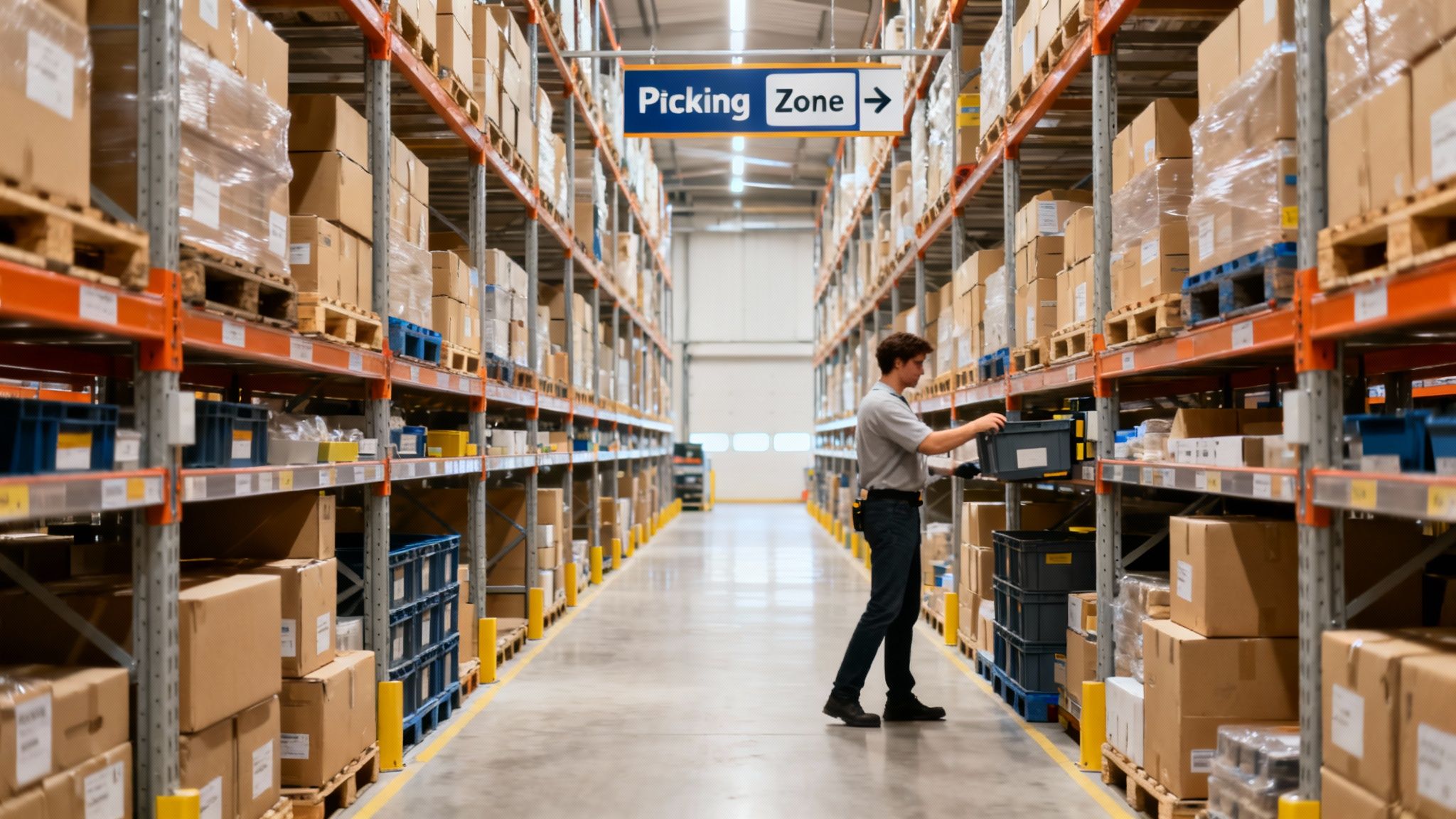 A man in a large warehouse picking items from tall shelves filled with numerous boxes.
