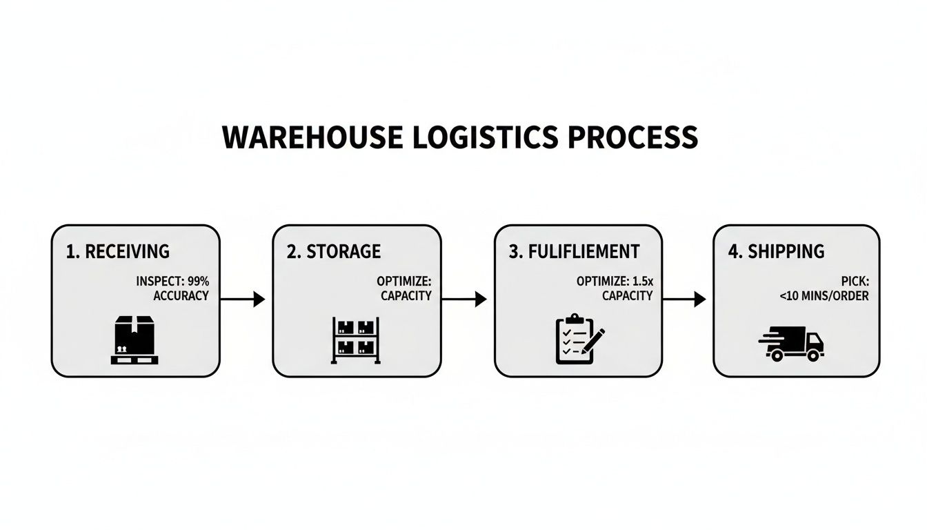 A flowchart illustrating the four-step warehouse logistics process: receiving, storage, fulfillment, and shipping, with key performance indicators.