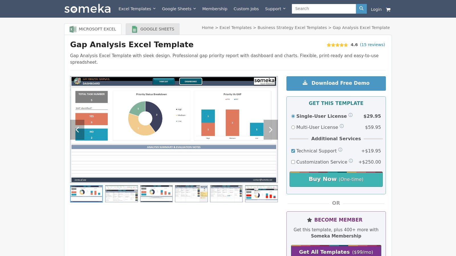 Someka's gap analysis Excel template with pricing and feature overview.