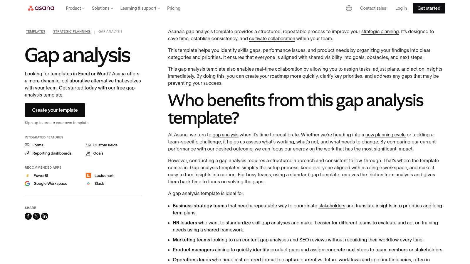 Asana's project-based gap analysis template, showing tasks and custom fields.