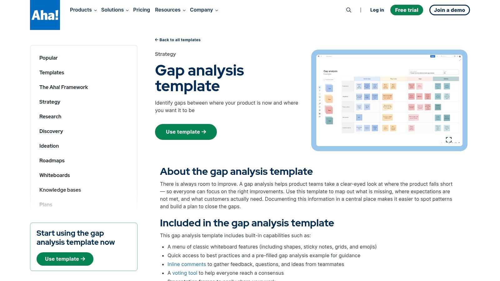 Aha!'s whiteboard gap analysis template for product strategy.