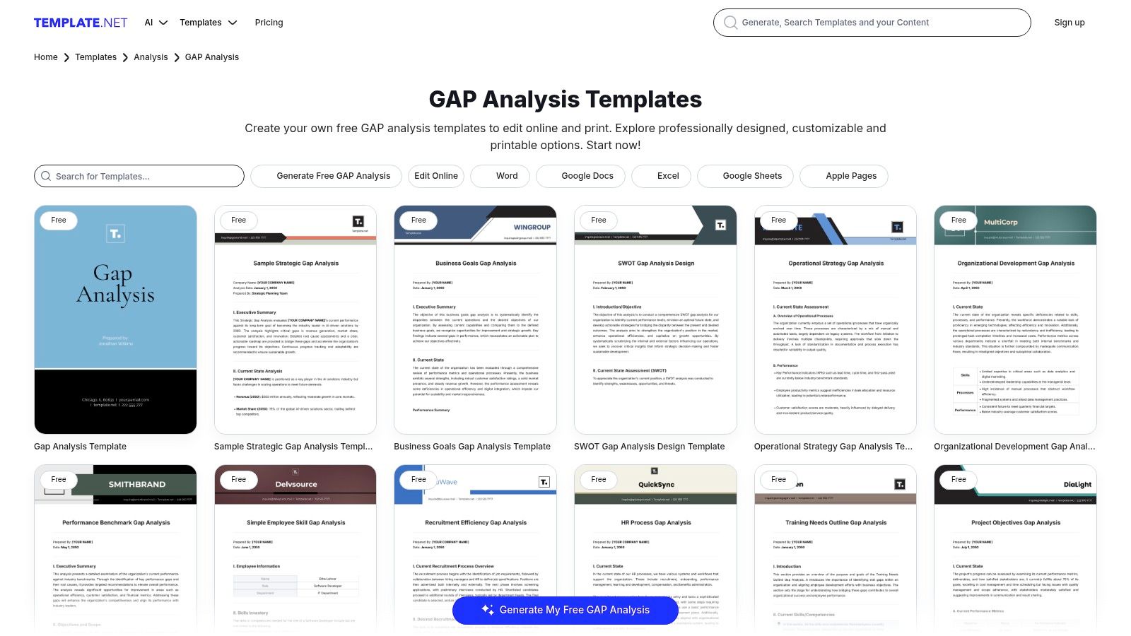 Template.net's library of gap analysis templates and other business documents.
