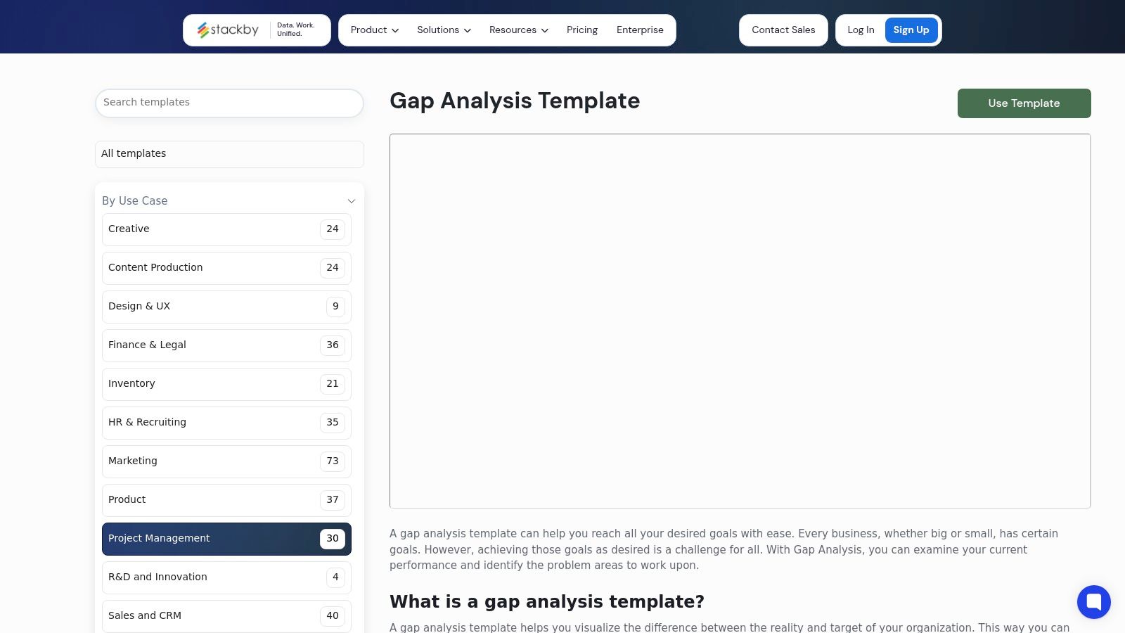 Stackby's gap analysis template showing a structured database-style layout.