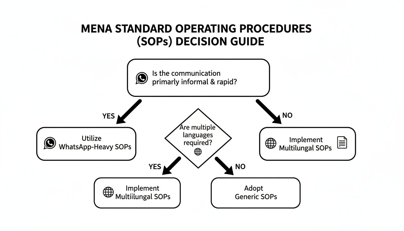 A flowchart guiding MENA SOPs based on communication style and multiple language requirements.
