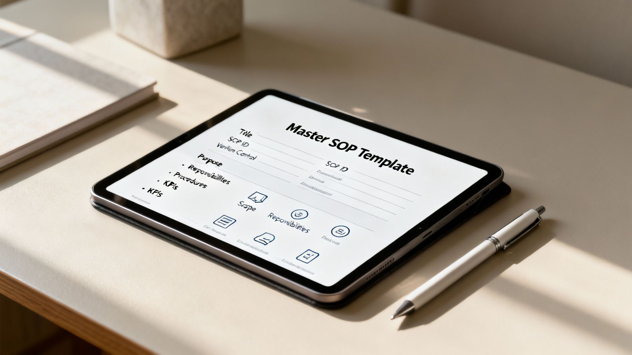 A tablet on a desk displays a 'Master SOP Template' with sections for purpose, responsibilities, and KPIs.