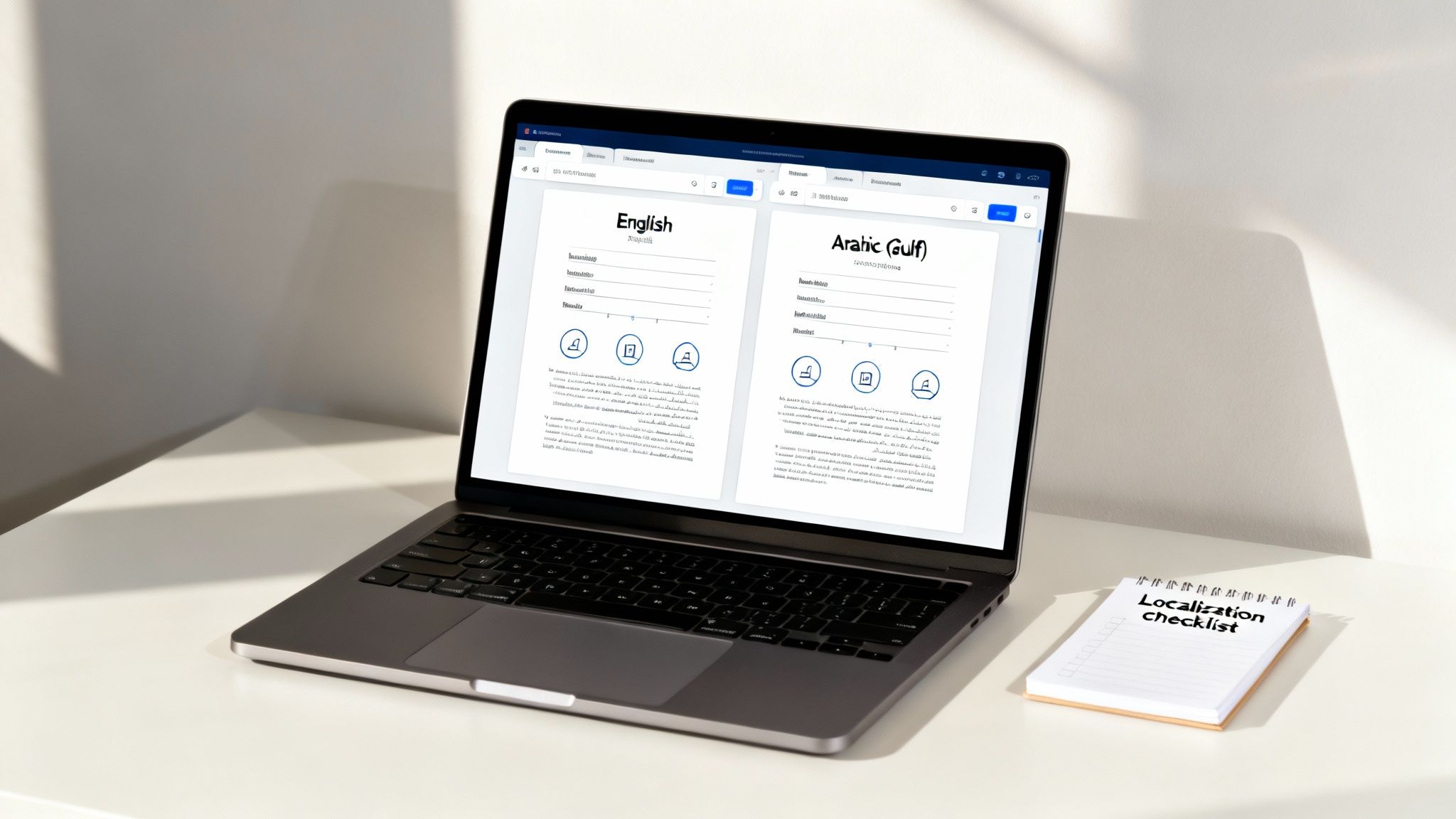 A laptop displays localization software with English and Arabic content, next to a 'Localization checklist' notepad.