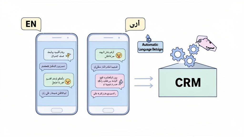 Diagram showing chat messages in English and Arabic processed by an automatic language system into a CRM.