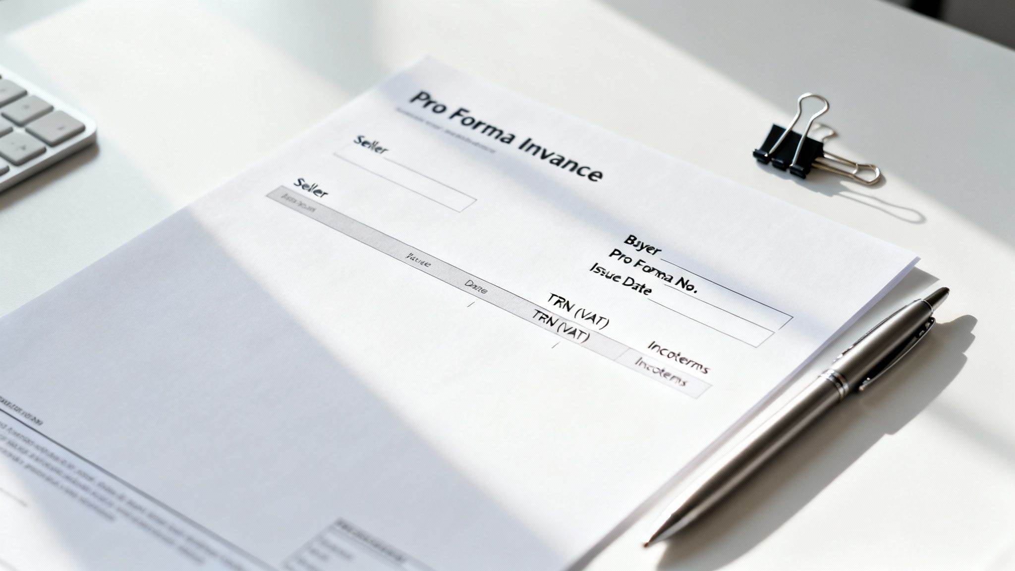 A Pro Forma Invoice document with blank fields, a pen, and a binder clip on a white desk.