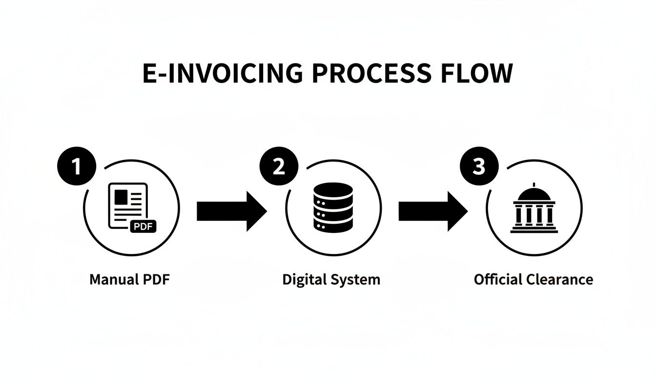 E-invoicing process flow diagram showing steps from manual PDF to digital system and official clearance.