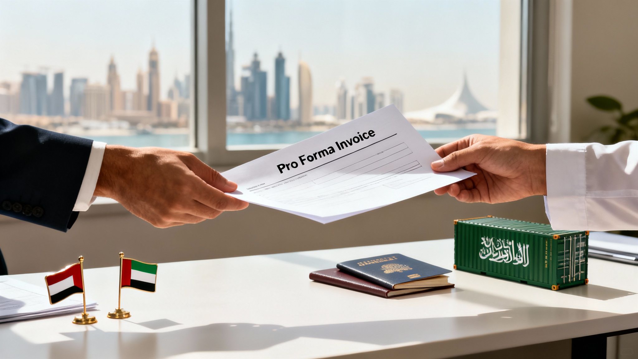Two hands exchange a Pro Forma Invoice document, with UAE flags and a shipping container on a table.