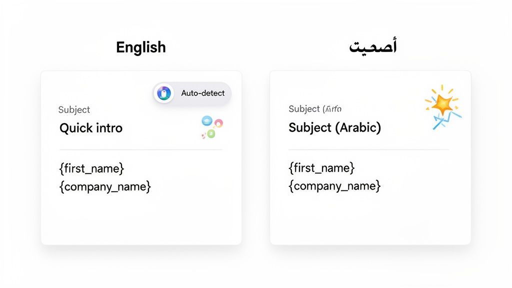 Screenshots of email subject line templates in English and Arabic, showing dynamic placeholders for personalization.