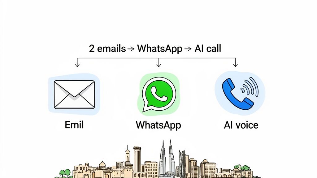 Diagram showing a sales outreach sequence from email, to WhatsApp, and finally an AI voice call.
