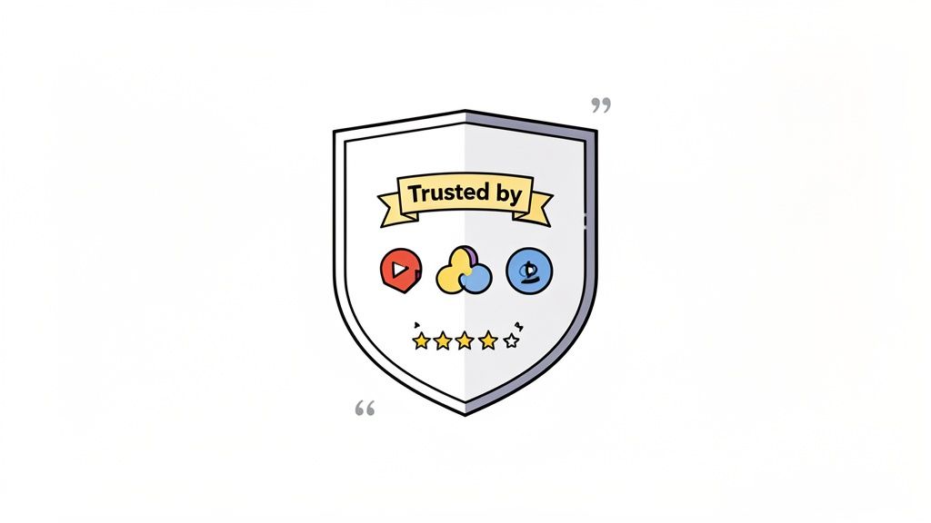 A white shield with a 'Trusted by' banner, three service icons, and five stars, symbolizing customer trust and quality.