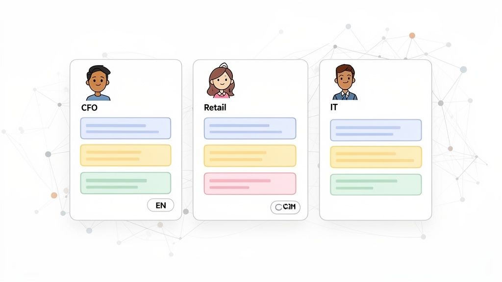 Three profile cards representing CFO, Retail, and IT roles with data bars and connection network.