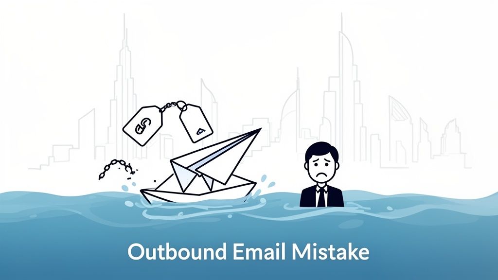 Cartoon shows a paper boat email sinking with price tags, and a sad businessman, illustrating an outbound email mistake.