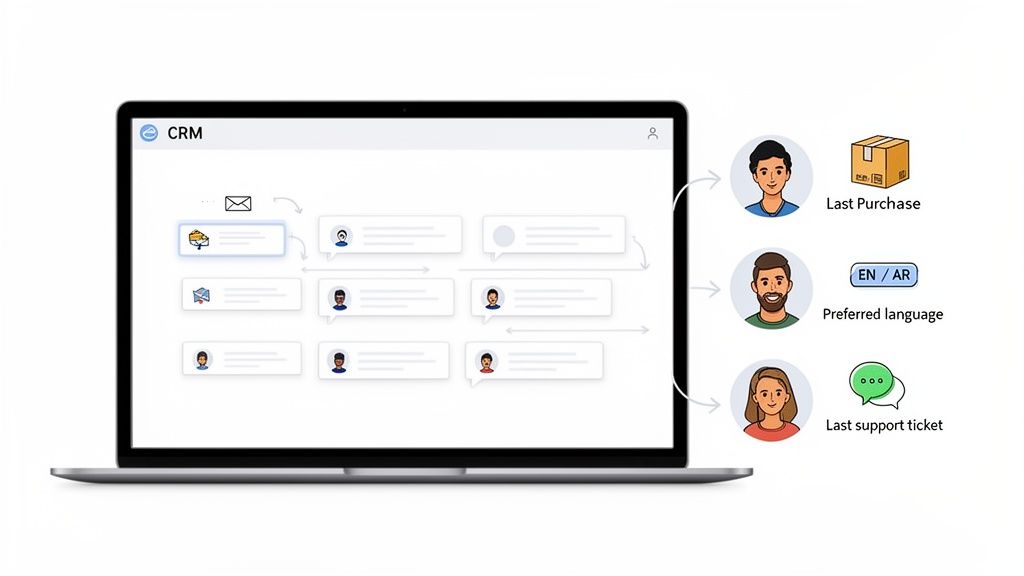 CRM dashboard on a laptop displaying a customer journey flow and personalized customer data like last purchase, preferred language, and support tickets.