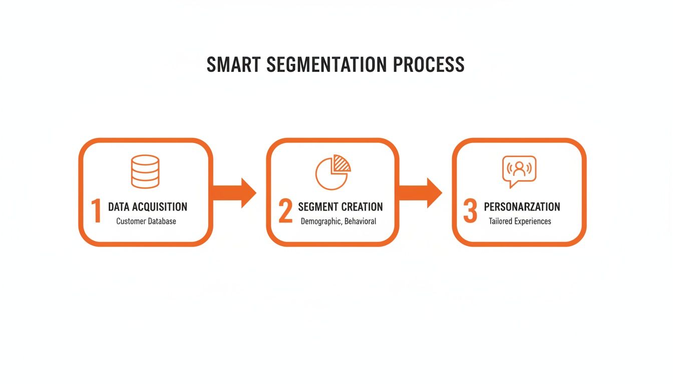A smart segmentation process diagram showing data acquisition, segment creation, and personalization steps.