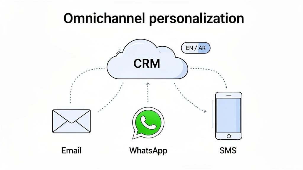 Diagram illustrating omnichannel personalization via CRM, connecting email, WhatsApp, and SMS channels with language options.