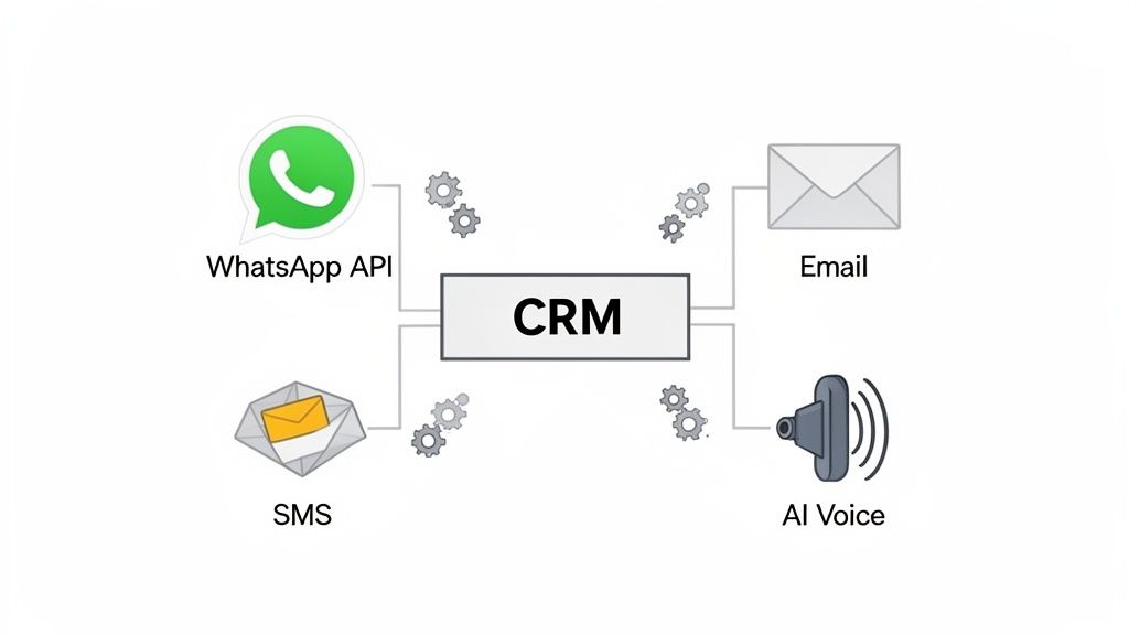 Diagram showing a CRM system integrating with WhatsApp API, email, SMS, and AI Voice communication channels.
