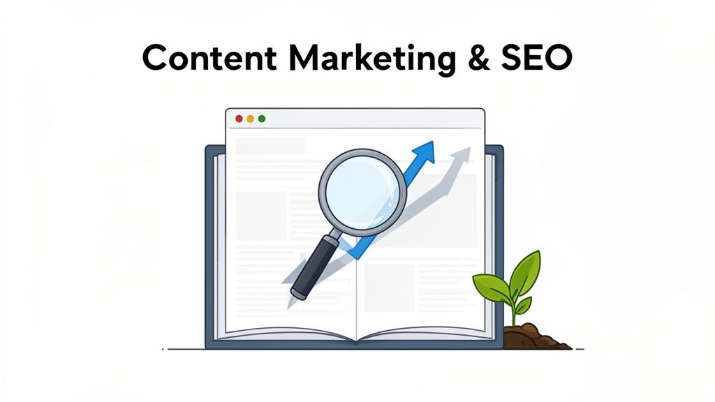 Illustration of content marketing and SEO showing growth with a magnifying glass, chart, and a growing plant.