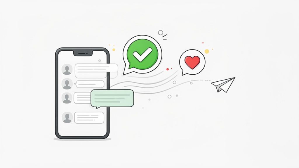 A smartphone showing chat messages, with a green checkmark, red heart, and paper airplane flying out, symbolizing digital communication.