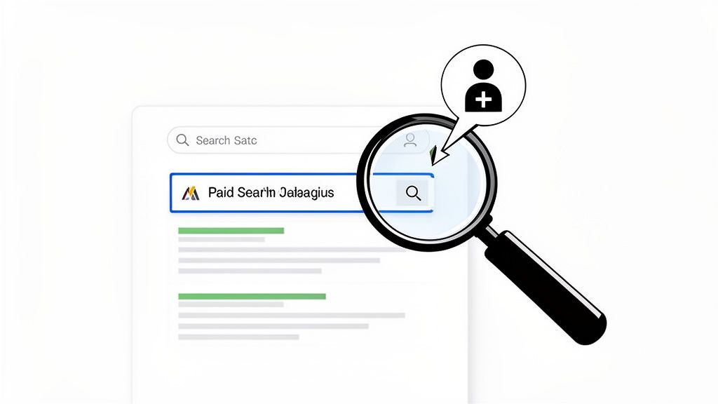 Magnifying glass highlighting a search bar with 'Paid Sear'n Jelaagius' and a user plus icon.