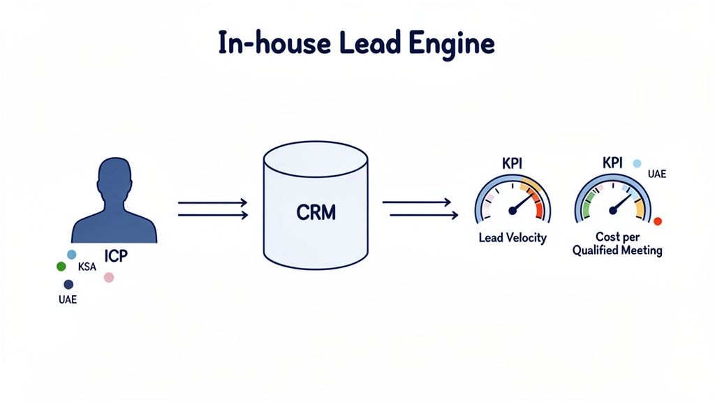 رسم يوضح محرك العملاء الداخلي من تحديد العميل المثالي إلى نظام متابعة العملاء، وقياس سرعة الطلبات وتكاليفها.
