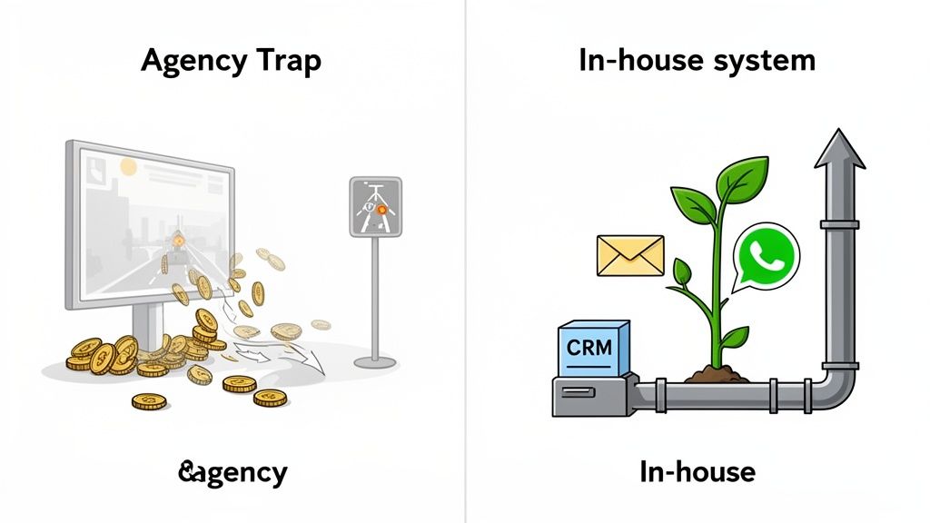 رسم توضيحي يبين الأموال المفقودة مع وكالات الإعلانات مقابل تنمية تدفق طلبات متوقع من نظام داخلي.
