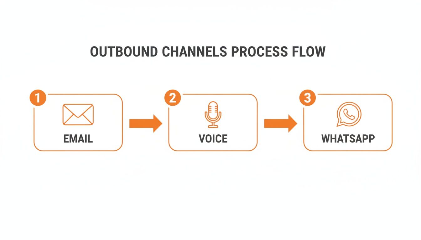 رسم يوضح سير عملية القنوات الخارجية من البريد الإلكتروني إلى الصوت إلى واتساب.