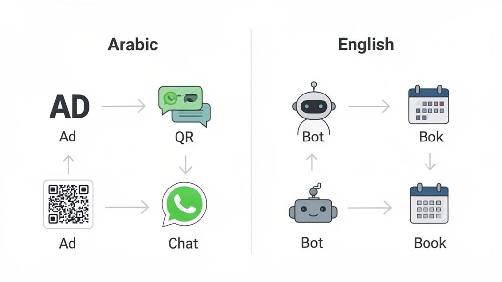 رسم بياني يقارن رحلات العملاء بالعربية والإنجليزية باستخدام الإعلانات، رموز QR، الروبوتات، والحجز.