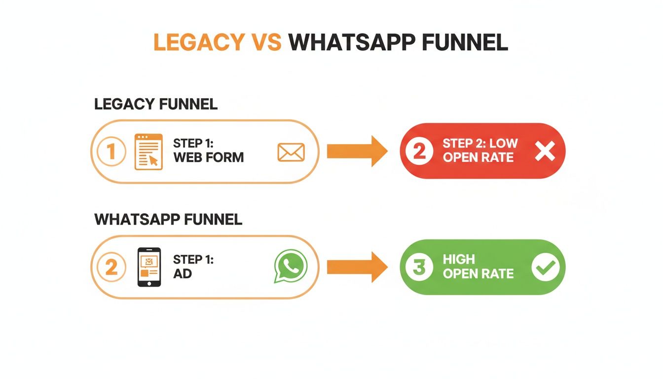 رسم بياني يقارن قنوات التسويق التقليدية عبر النماذج والبريد الإلكتروني مع قنوات واتساب من حيث معدلات الفتح.