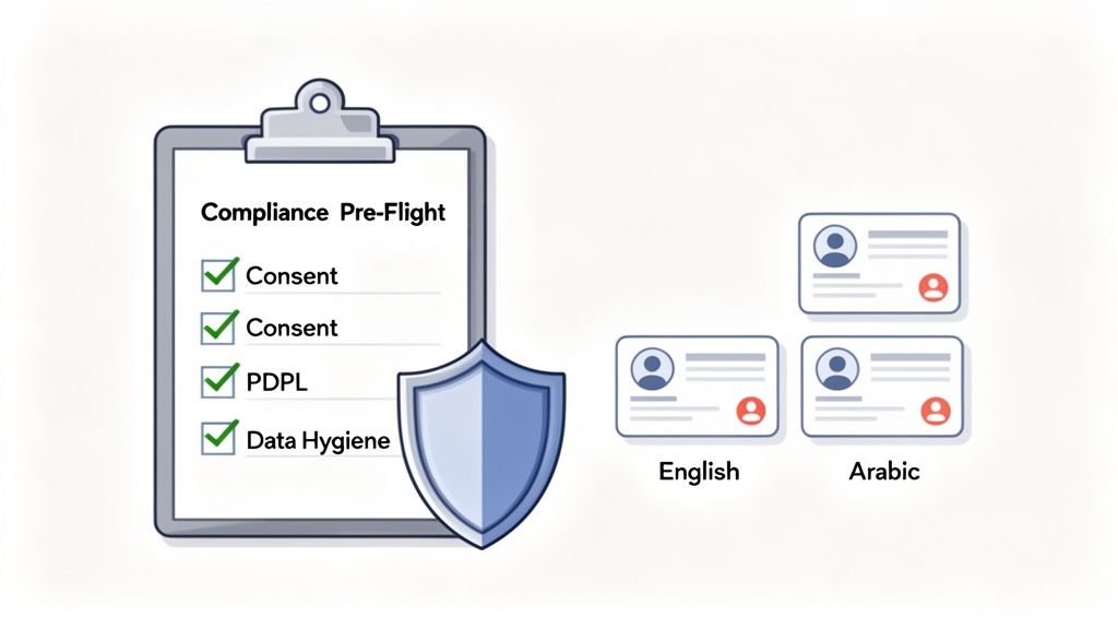 قائمة تحقق للامتثال تتضمن عناصر مثل الموافقة ونظافة البيانات، بجانب ملفات تعريف المستخدمين باللغتين الإنجليزية والعربية، محمية بدرع.